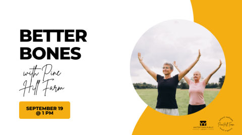 Yellow and white background with photo of women with gray hair stretching.