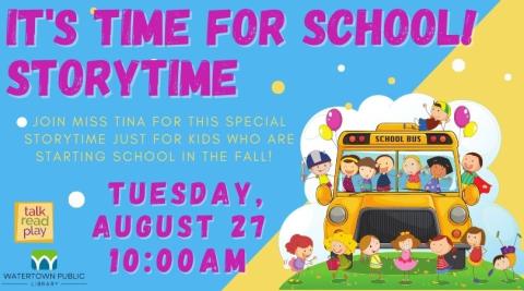 blue background, pink text, school bus with kids image