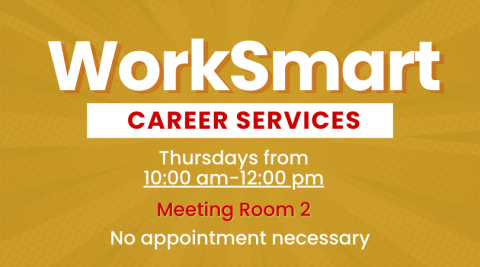 "WorkSmart Career Services" in white and red text on yellow background.