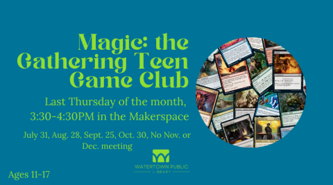 Green text on a blue background with a circular image of various trading cards.