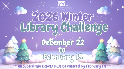 purple background, white green and purple lettering