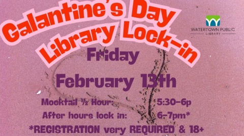 Background picture of pink sand with heart drawn in it. Watertown Public Library Logo in upper right corner.