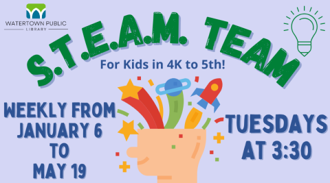 light blue background, green and dark blue lettering