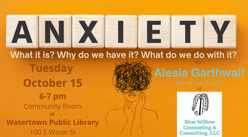 Anxiety spelled out in scrabble tiles on orange background. Hand drawn person with scribbles over eyes & head in center. Logo for Blue Willow Counseling & Consulting, LLC in bottom right corner.