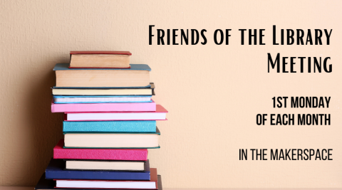 Friends of the Library text next to stack of books.